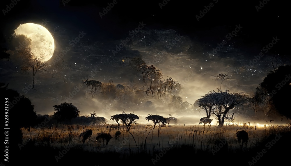Savanna night landscape, field with trees under dark starry sky with