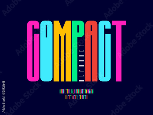 Vector of stylized condensed alphabet design with uppercase, numbers and symbols