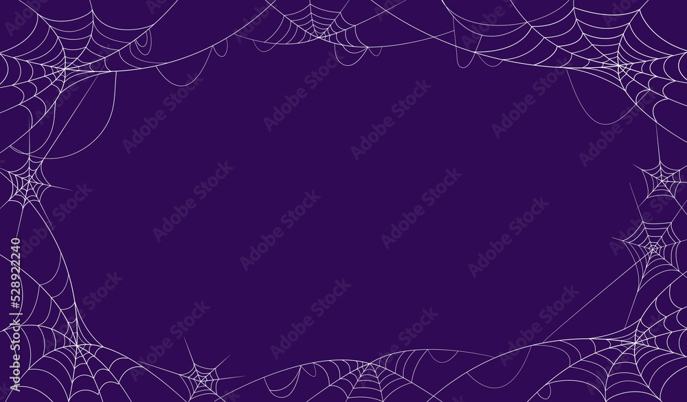 Happy Halloween banner vector illustration, Halloween cobweb board decoration, spooky scary spider web on dark purple orange background with copy space, Autumn holiday decorating celebration.