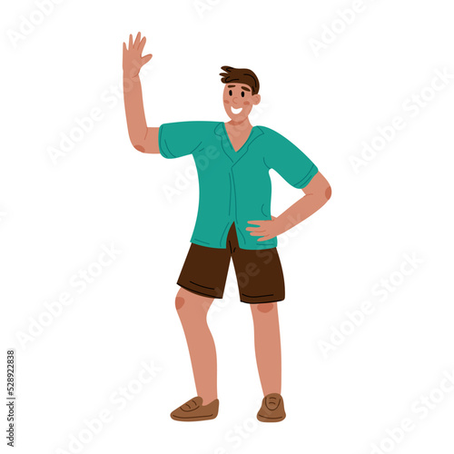young good looking man doing greet pose and say hi. Flat graphic vector illustration isolated on white background