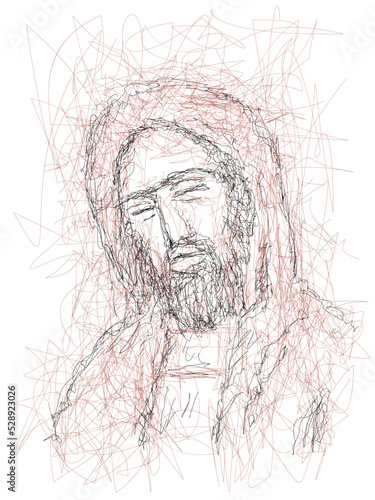 Imaginary face of Jesus Christ, Catholic and Orthodox Christian religion, vector sketch illustration.