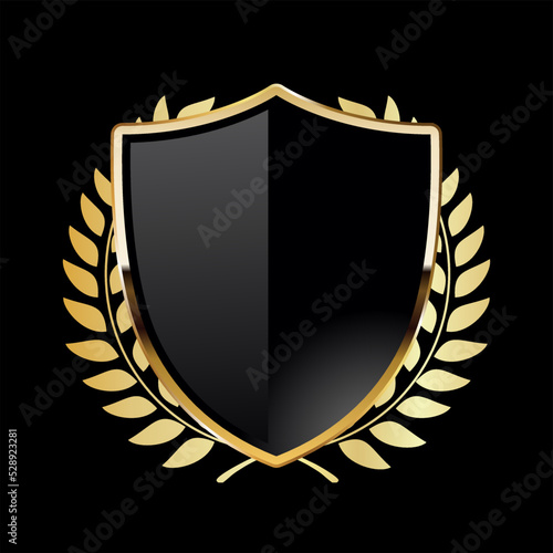 Black shield with golden laurel wreath on black background  
