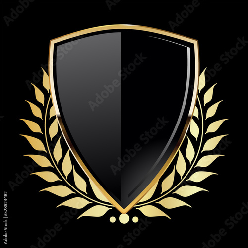 Black shield with golden laurel wreath on black background  