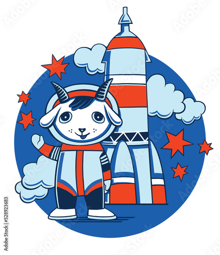 The goat astronaut stands next to the rocket. Children's illustration