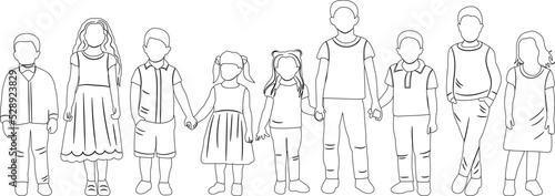 children holding hands sketch, contour vector, isolated
