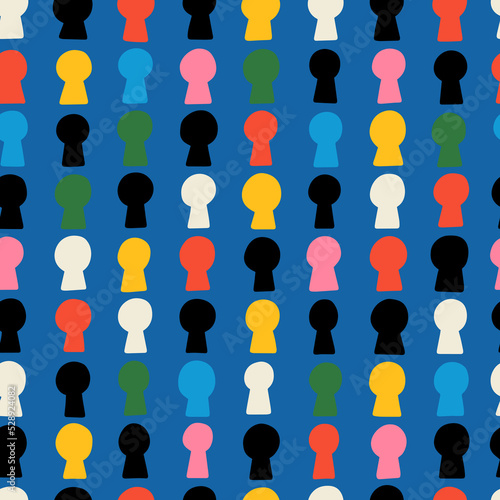 Seamless colorful keyholes pattern. Abstract background with hand drawn doodle shapes. 