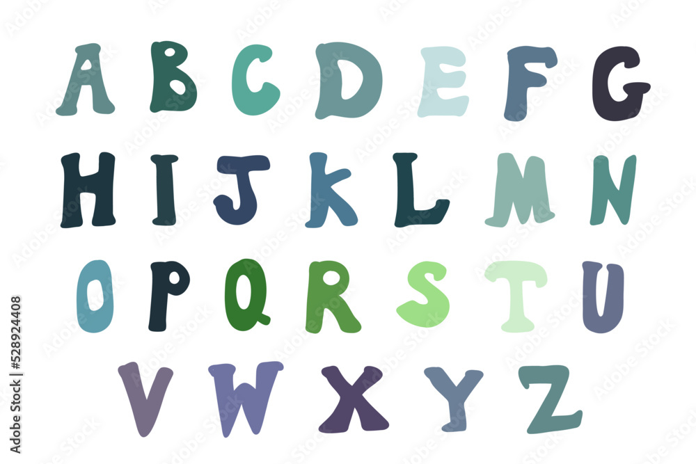 Alphabet. Hand drawn cartoon abc alphabet letters. Word color style font design, colorful childish alphabet, letters vector illustration on white. Alphabet. Hand drawn cartoon abc alphabet letters. Word color style font design, colorful childish alphabet, letters vector illustration on white.