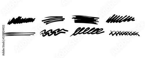 Hand drawn marker underline line stroke set. Highlight underline and strike through. Pen line template. Vector illustration isolated on white background.