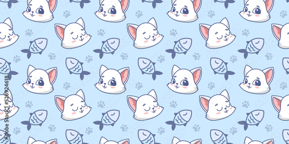 Vector illustration of happy cute cat and fish on blue color background. Flat line art style design of seamless pattern with animal cat and fish