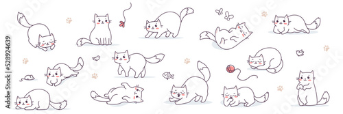 Vector set of illustration with happy cute different cat character on white color background. Flat line art style design of group of animal cat in different pose