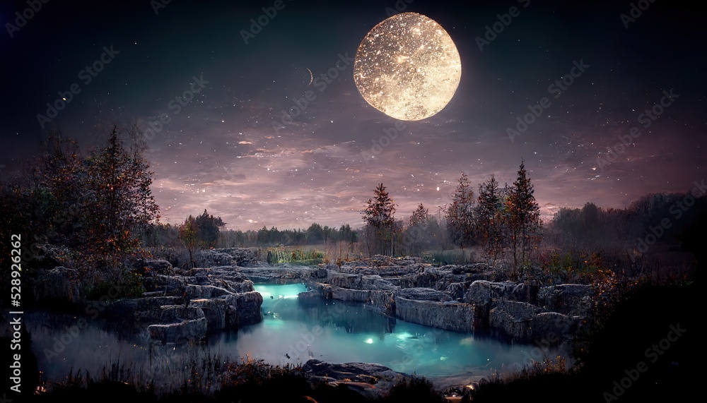 Fototapeta premium Night sky with a full moon with stars over a field with a lake, trees and rocks.