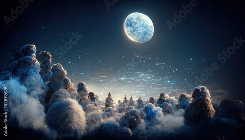 Night sky with full moon and stars above the clouds.