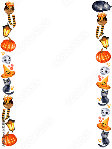 watercolour illustration of halloween theme with black cat, pumpkin, potion, skull and others, border, space for text