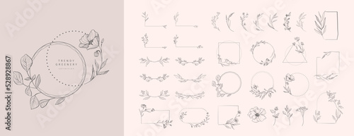 Set of floral design logo elements. Wreath borders dividers, frame corners and minimalist flowers branch. Hand drawn line wedding herb, elegant leaves for invitation save the date card. Botanical
