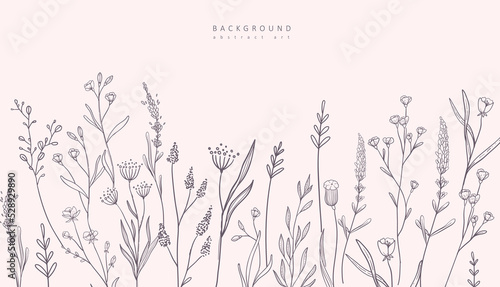 Luxury botanical background with trendy greenery and pea flowers. Vintage foliage for wedding invitation, wall art or card template. Minimal line art drawing. Vector