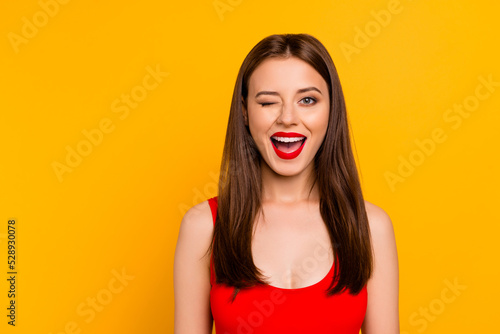 Fényképezés Photo of flirt charming woman wear swimsuit smiling winking empty space isolated