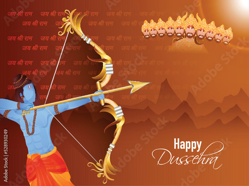 Happy Dussehra Concept With Hindu Mythology Lord Rama Killing The Demon Ravana On Brown Jai Shri Ram Hindi Text Background.