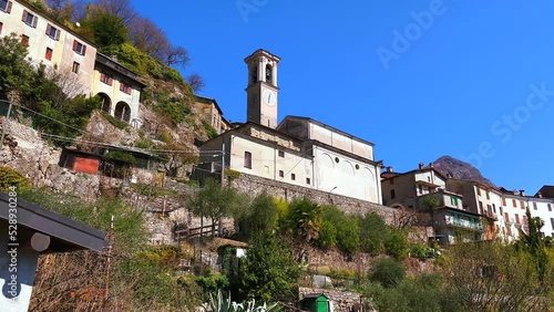 Panorama of Castello, San Martino Church, Alps and Lake Lugano, Italy photo