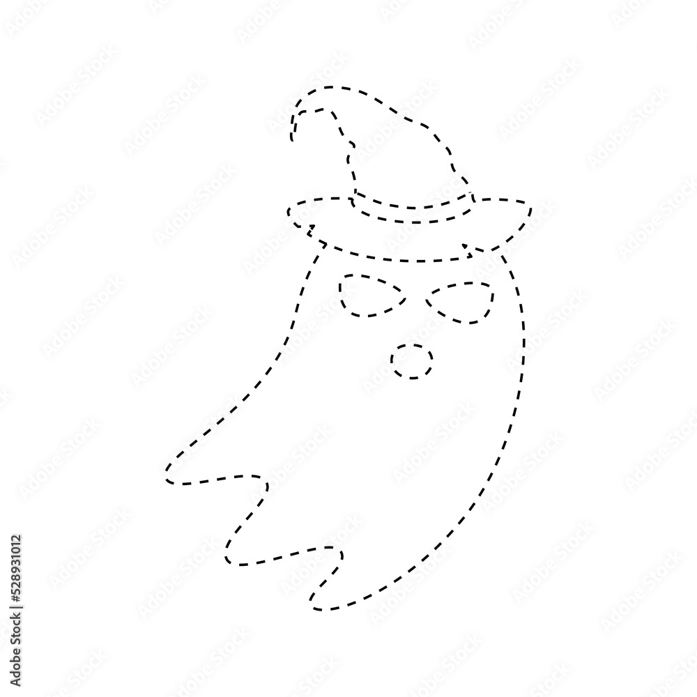 Ghost with witch hat tracing worksheet for kids Ghost with witch hat tracing worksheet for kids
