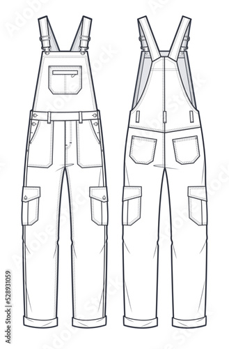 Unisex Dungaree, Jumpsuit fashion flat technical drawing template. Jeans Dungarees fashion illustration with full lenght, pockets, oversized, front, back view, white, women, men, unisex CAD mockup.