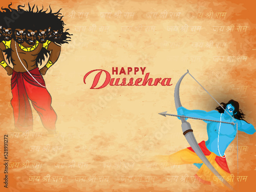 Happy Dussehra Celebration Background With Jai Shri Ram Hindi Text And Hindu Mythology Lord Rama Taking Aim Againt Demon Ravana.