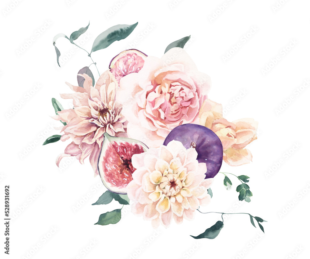 Watercolor Bouquet with Dahlia, Rose and Figs.