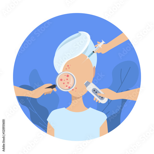 acne skin. Facial cleaning with an ultrasonic scrubber, beauty injections, examination of the skin through a magnifying glass