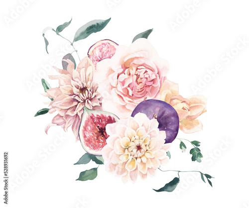 Watercolor Bouquet with Dahlia, Rose and Figs.