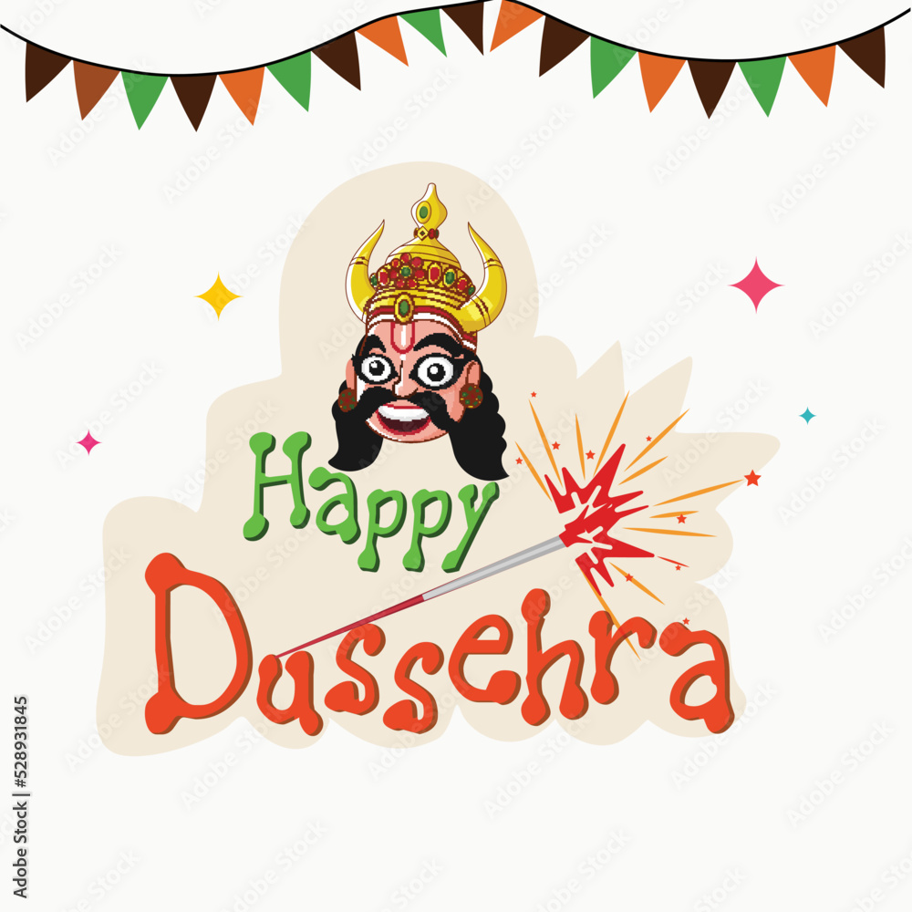 Sticker Style Happy Dussehra Font With Sparkling Stick, Demon King Ravana Face And Bunting Flags On White Background.