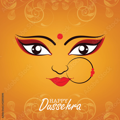 Happy Dussehra Celebration Concept With Hindu Mythology Goddess Durga Face On Orange Swirl Paisley Background.