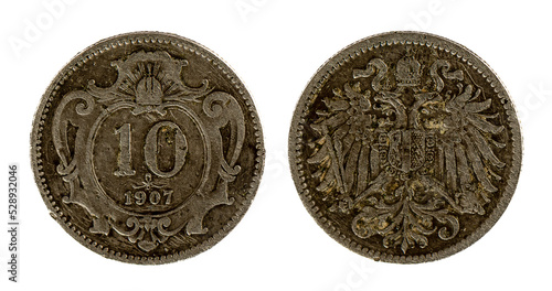Nickel coin 10 kreuzers of the Austro-Hungarian Empire in 1907 with the coat of arms of Austria-Hungary on the reverse, issued from 1895 to 1911. photo