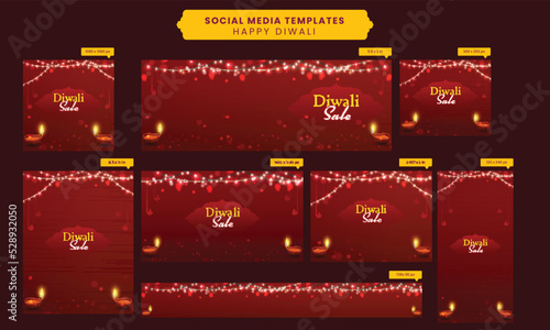 Diwali Sale Social Media Banner And Template Set With Lit Oil Lamps (Diya) And Lighting Garland On Red Bokeh Background.