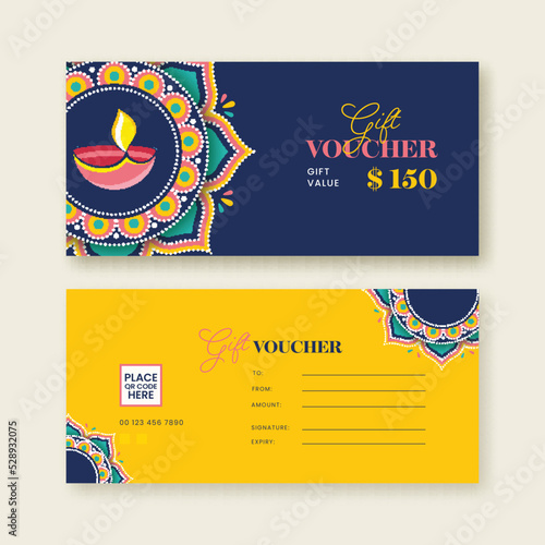 Double-Side Of Diwali Festival Gift Voucher Banner Design With Lit Oil Lamp (Diya) In Blue And Yellow Color.