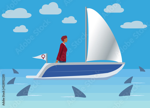 woman steering a boat towards success surrounded by sharks  symbolizing the difficulties of women to achieve success in masculinized professions
