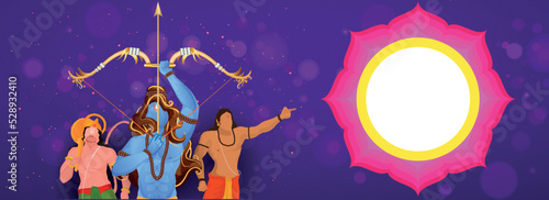 Hindu Mythology Lord Rama Taking An Aim With Hanuman, Lakshman Character And Empty Mandala Frame On Purple Bokeh Background.