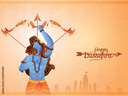 Happy Dussehra Celebration Concept With Hindu Mythology Lord Rama Taking An Aim On Pastel Orange Silhouette Ayodhya View Background.
