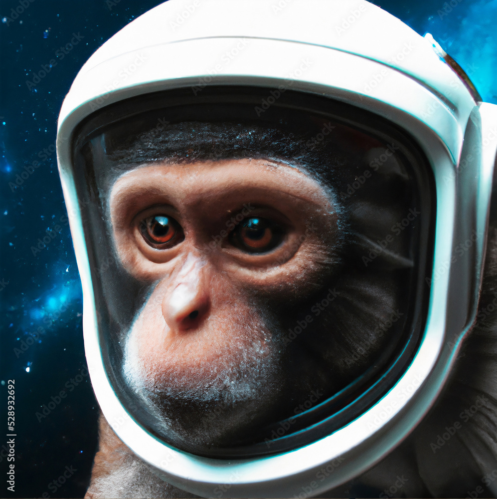Monkey astronaut in a space  background with a helmet. Spaceman chimpanzee, Future art.