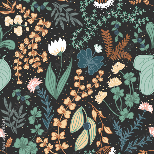 Cute wild flowers and herbs seamless pattern. Autumn vintage background for creating textiles, fabrics, paper, wallpapers. Dark background. Vector illustration.