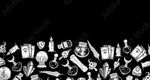 Esoteric symbols set banner. Alchemy icoons. Bohemian style astrology background. Potion bottles, mushrooms, candle, tarot cards, crystals. Alchemy witchcraft magic monochrome antique esoteric border. photo