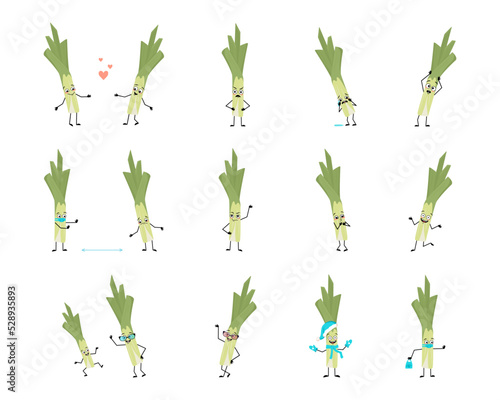 Set of cute green leek character with happy or sad emotions, panic, loving or brave face, hands and legs. Person with expression, green vegetable with mask, glasses or hat. Vector flat illustration