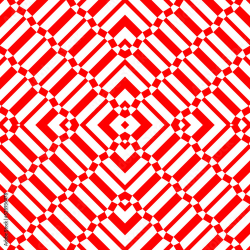 Repeated red geometric figures on white background. Seamless surface pattern design with symmetrical trapeziums and chevrons ornament. Polygons wallpaper. Diagonal dashes and lines motif. Vector art
