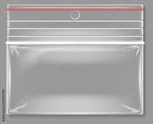 Transparent zipper bag. Realistic plastic pouch pack