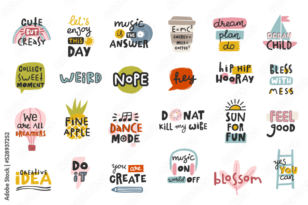 Motivational typography set of cool quotes. Isolated on white background. Trendy vector lettering. Collection perfect for weekly or daily planner, note paper, tshirt design, posters, stickers, banners Motivational typography set of cool quotes. Isolated on white background. Trendy vector lettering. Collection perfect for weekly or daily planner, note paper, tshirt design, posters, stickers, banners