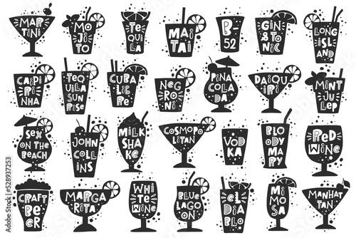 Set of alcohol cocktails in grunge style on the white background. Martini, mojito, pina colada, gin tonic, margarita. Vector illustration.