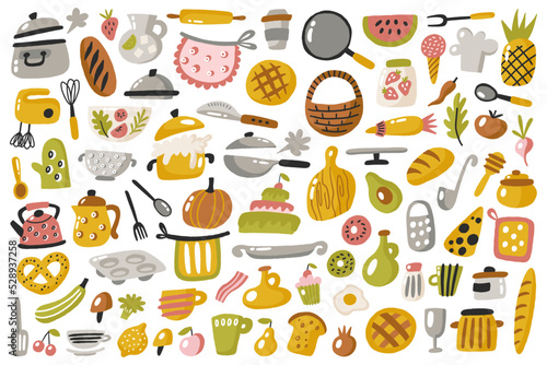 Kitchenware and utensils. Cooking baking kitchen tools. Chef cook equipment pan, bowl, kettle and pot, knives and cutlery, flat vector set. Cute elements for food preparation and eating collection