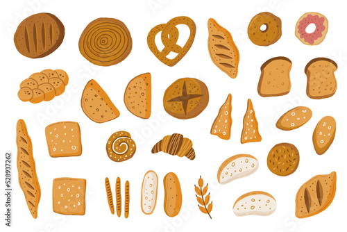 Cartoon vector bread icons set. Rye, whole grain and wheat bread, pretzel, muffin, pita , ciabatta, croissant, bagel, toast bread, french baguette for design menu bakery, shop food,  bakery pastry.
