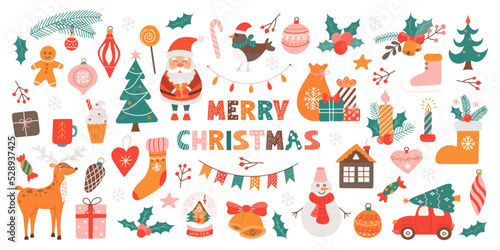 Big Christmas set of festive symbols and design elements. Cute flat illustration in hand drawn style on white background