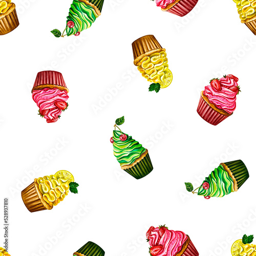 Multi-colored cupcakes with cream. Seamless pattern. Watercolor illustration. For textiles and packaging.