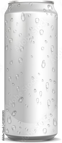 Aluminum can with water drops. Cold soda container mockup