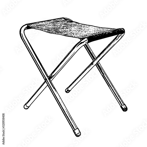 Camping portable chair realistic sketch. Picnic folding chair in hand drawn style, isolated on white background